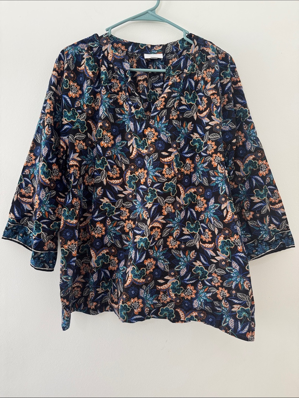 J. Jill Black Floral Split V-Neck Tunic with Teal & Peach Accents